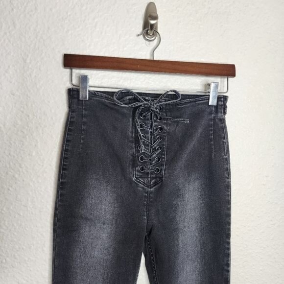 Free People High Waisted Lace-Up Jeggings  in Faded Black Women's Size 28 - Picture 8 of 8